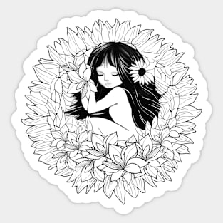 A beautiful girl sleeps sweetly in a flower blossom. Sticker